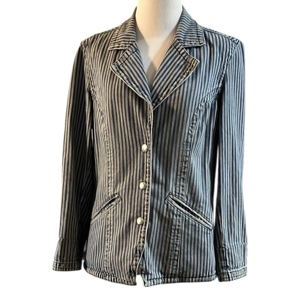 VINTAGE ISABELLA BIRD STRIPED SNAP FRONT DENIM BLAZER JACKET SIZE 8